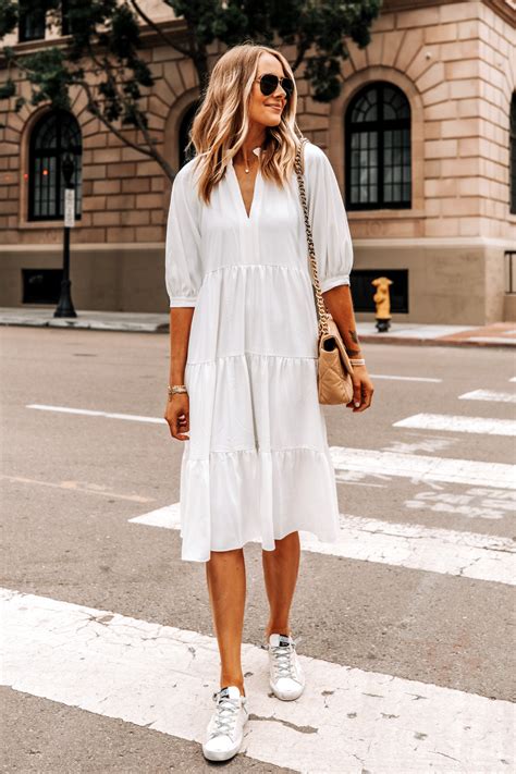 midi dress with white sneakers